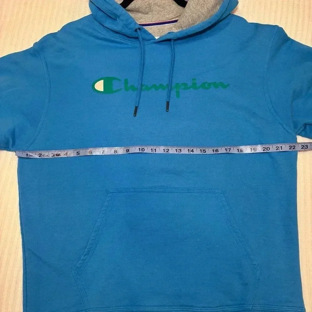 Champion Blue Hoodie with Green Logo Grey Lined Hood Size Medium